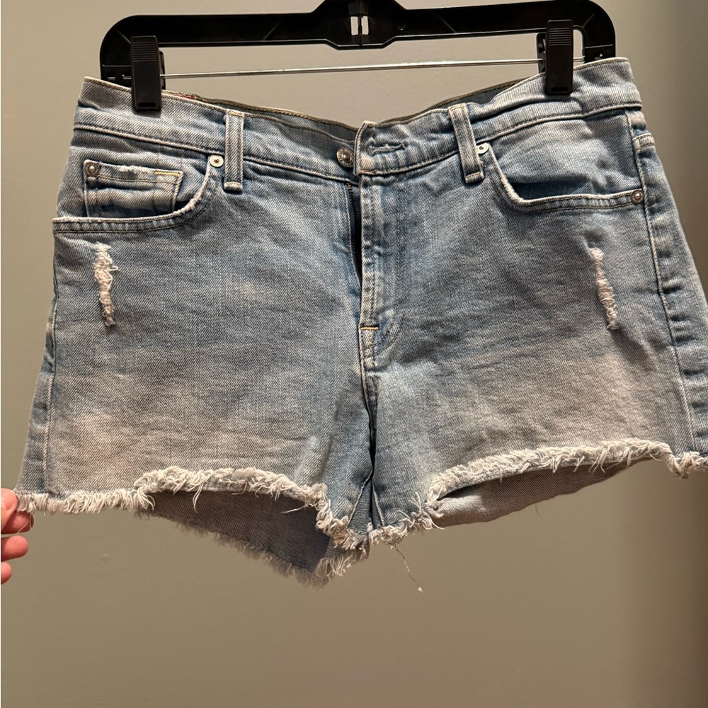7 For All Mankind Light Blue Distressed Frayed Hem Jean Shorts